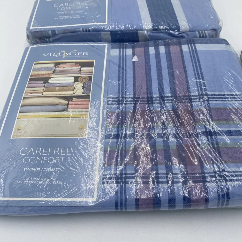 NEW Vintage Liz Claiborne Villager Twin Sheet Set Blue Plaid 3 Pcs NOS Made USA